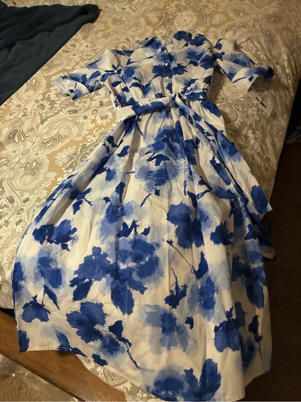 DKNY White Midi Dress with Blue Watercolor Floral Print - Picture 2 of 5